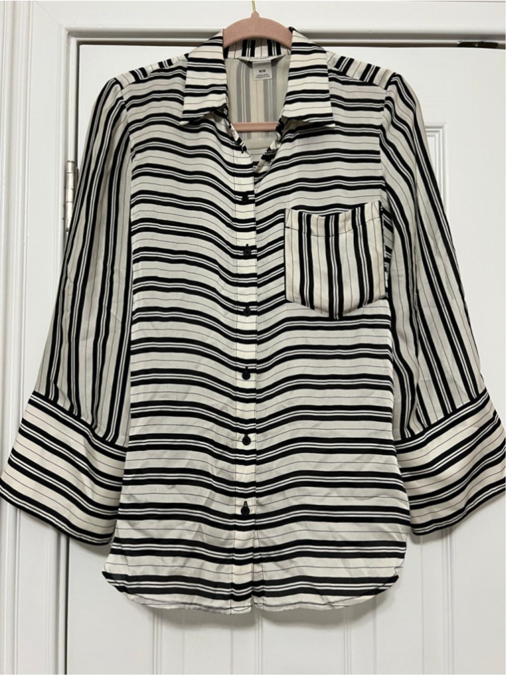 Women's Club Monaco Silk Button Down Shirt, Size M, Black and White Striped